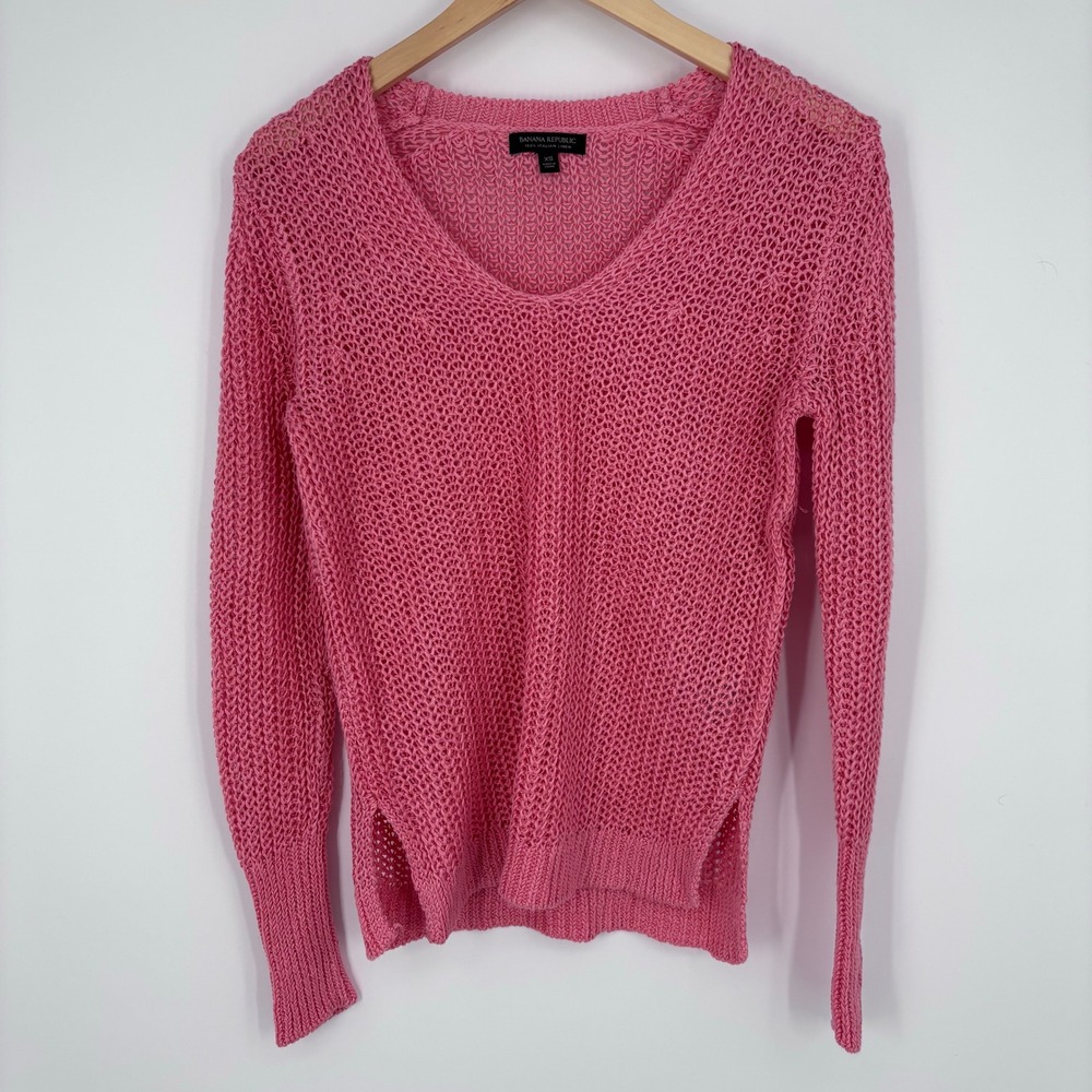 Banana Republic Italian Linen Chunky V-Neck Sweater Women XS Pink Open Knit Top